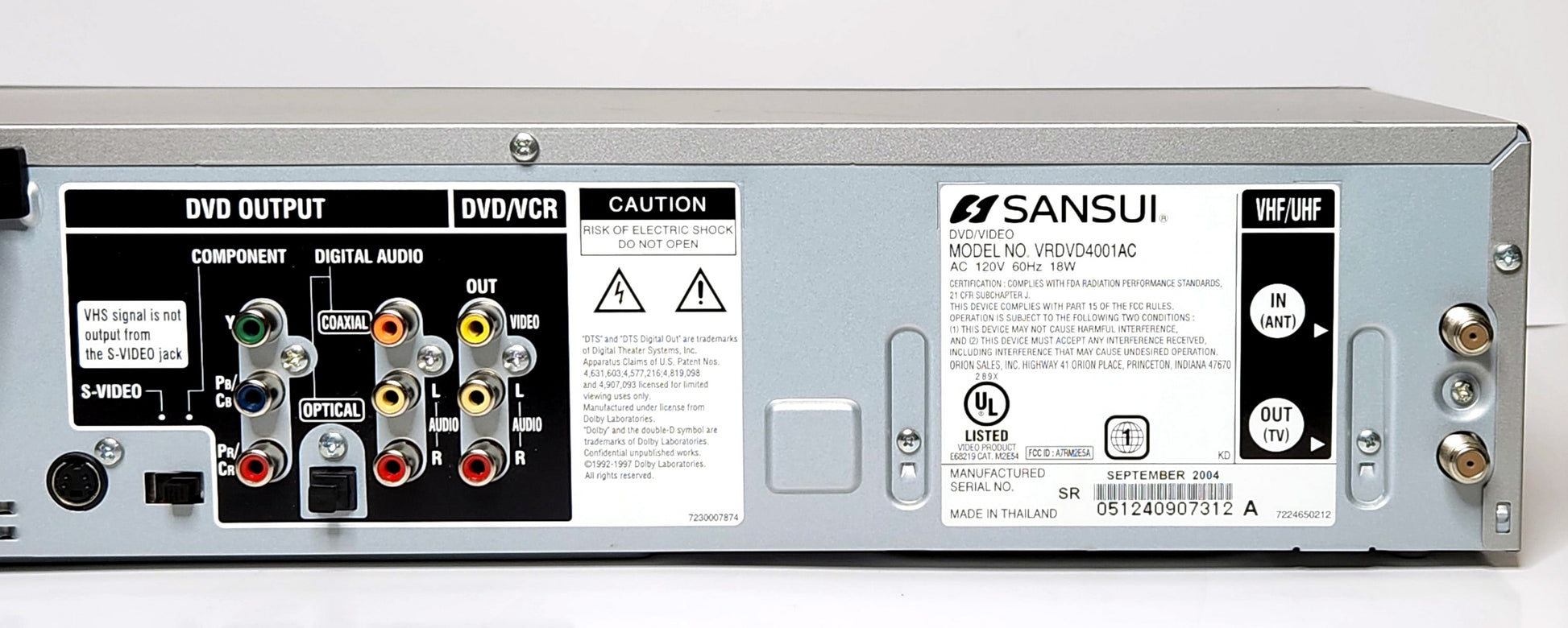 Sansui VRDVD4001 VCR/DVD Player Combo - Connections and Label