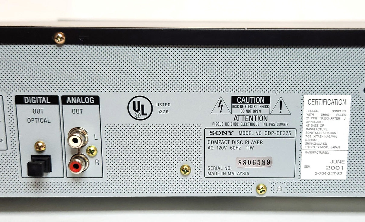 Sony CDP-CE375 5-Disc Carousel CD Changer - Connections and Label