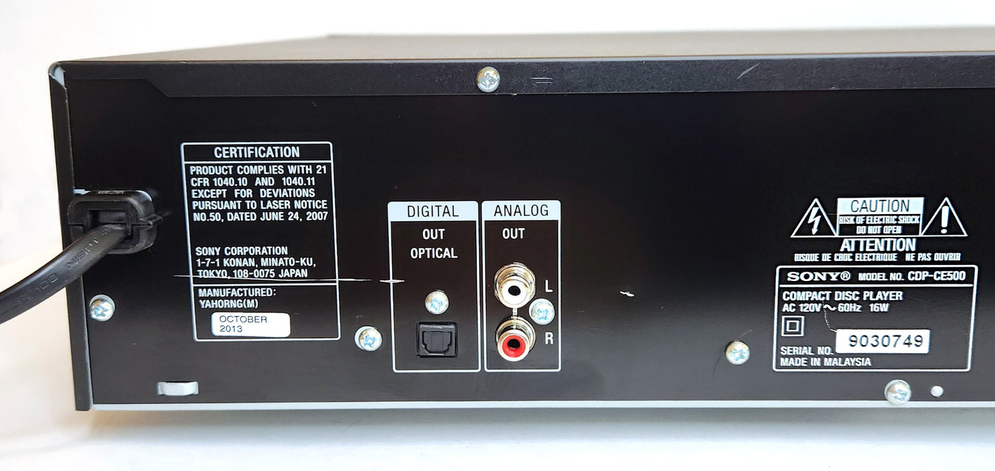 Sony CDP-CE500 5-Disc Carousel CD Changer - Connections and Label