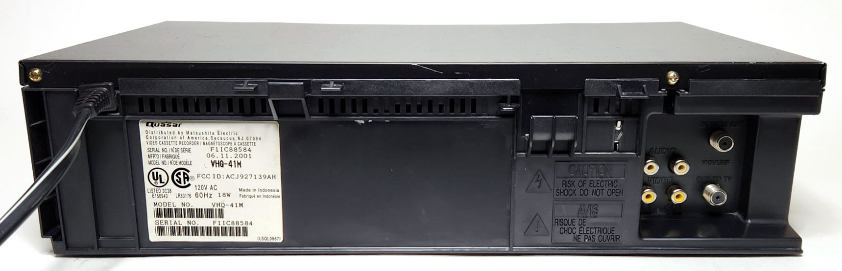 Quasar (Panasonic) VHQ-41M Omnivision VCR, 4-Head Mono - Rear
