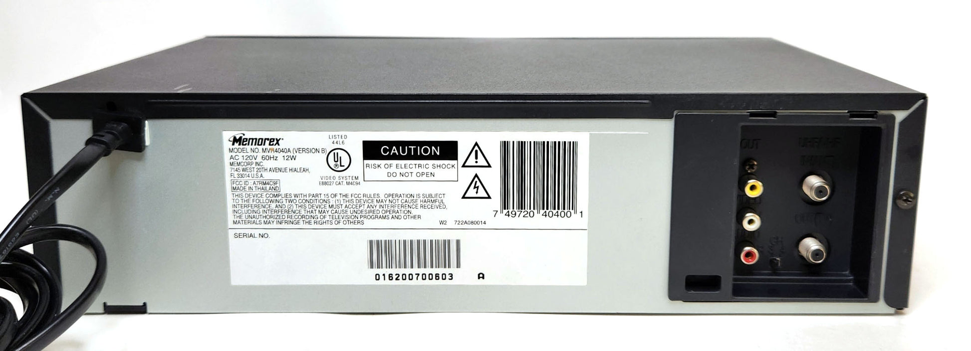 Memorex MVR4040A VCR, 4-Head Hi-Fi Stereo - Rear