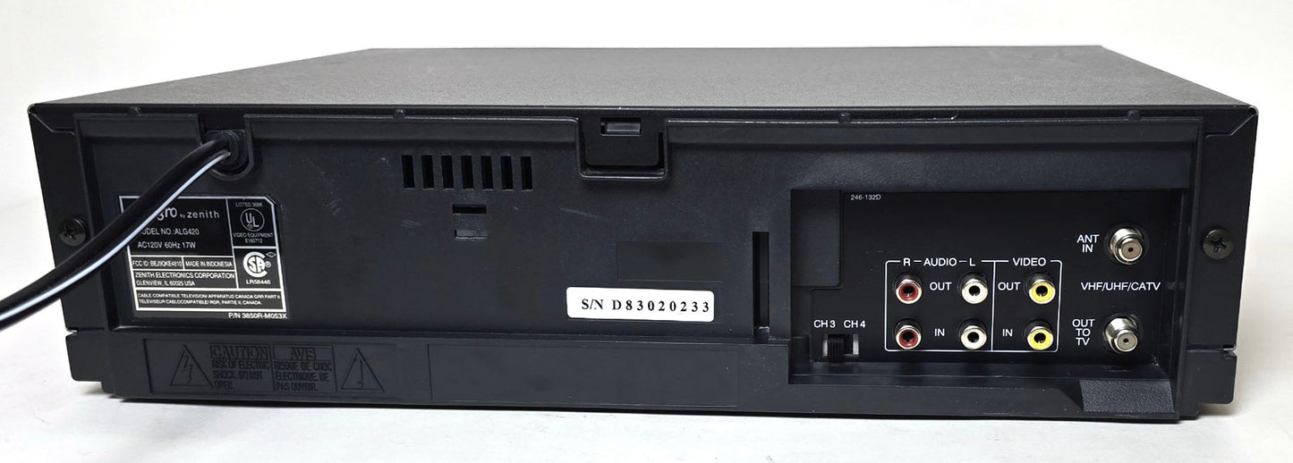 Zenith Allegro ALG420 VCR, 4-Head Hi-Fi Stereo - Rear