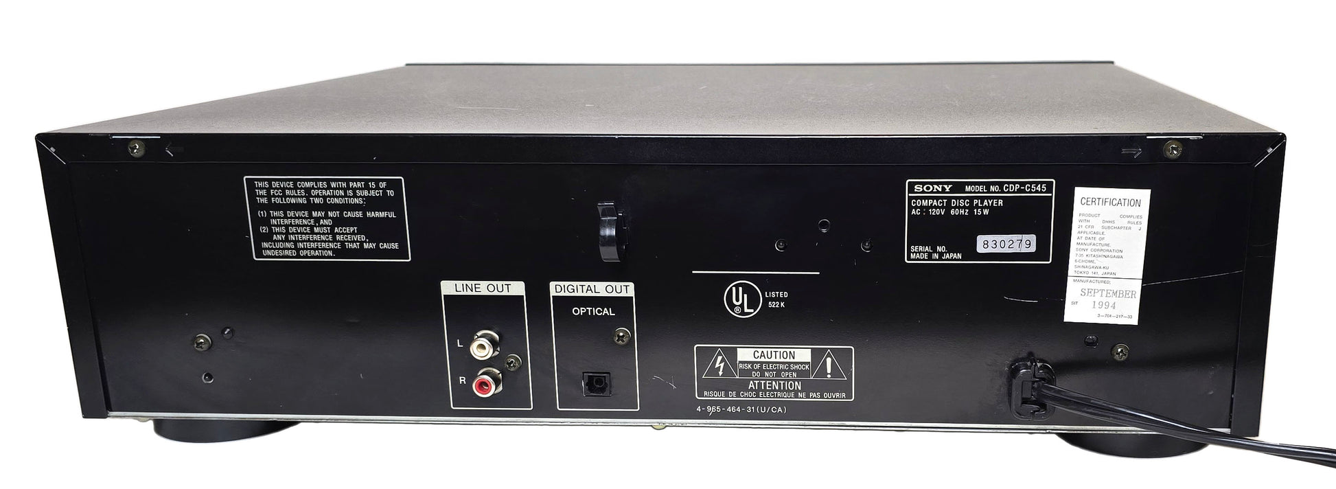 Sony CDP-C545 5-Disc Carousel CD Changer - Rear
