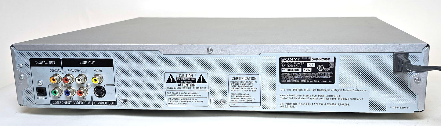 Sony DVP-NC60P DVD/CD Player, 5 Disc Carousel Changer, Silver - Rear