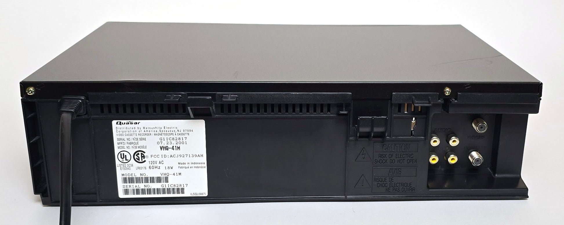 Quasar (Panasonic) VHQ-41M Omnivision VCR, 4-Head Mono - Rear