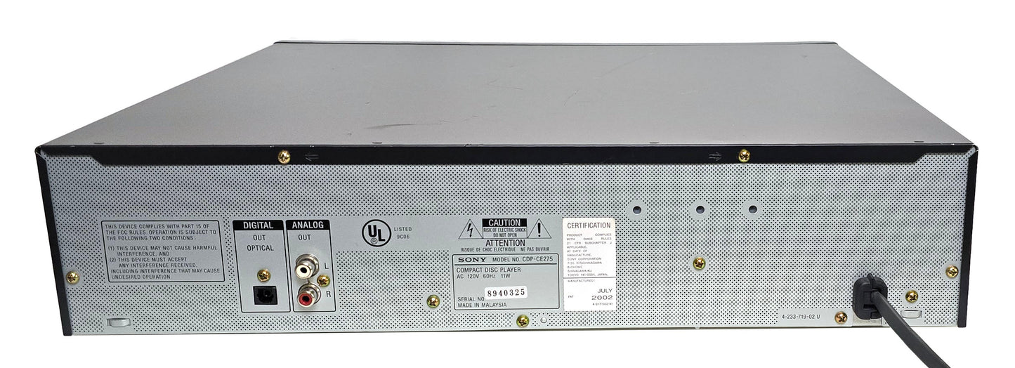 Sony CDP-CE275 5-Disc Carousel CD Changer Player - Rear