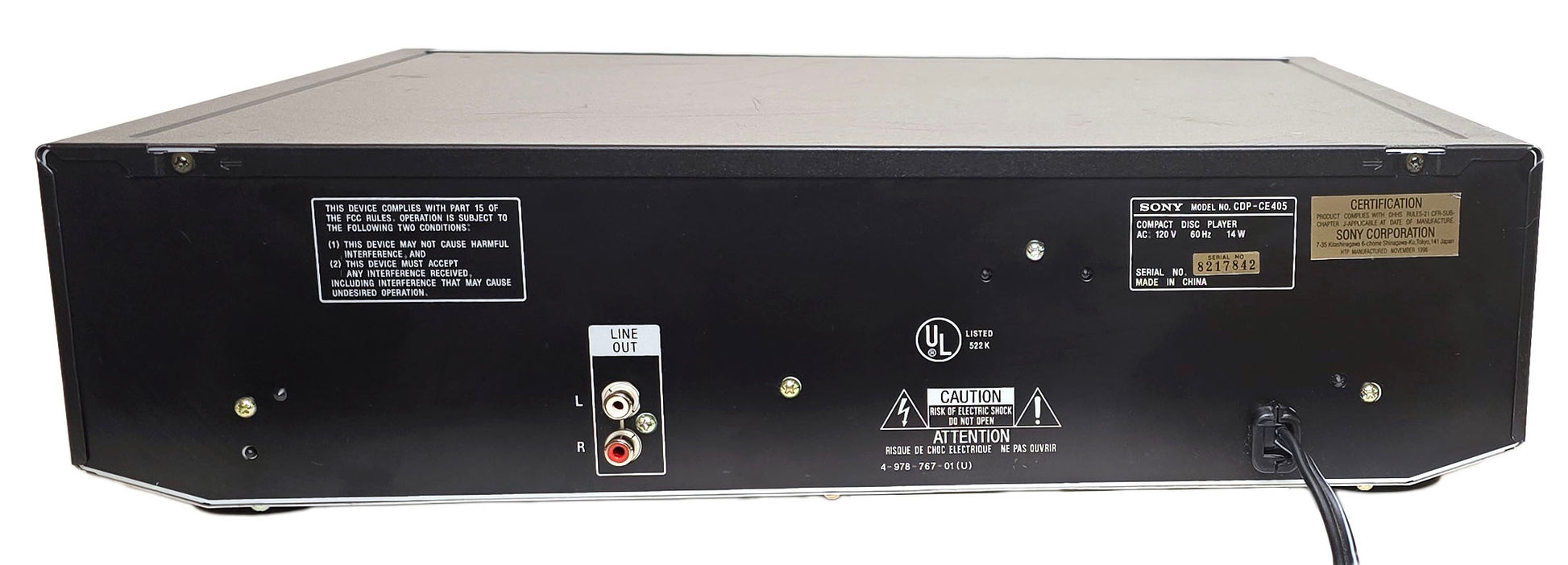 Sony CDP-CE405 5-Disc Carousel CD Changer - Rear