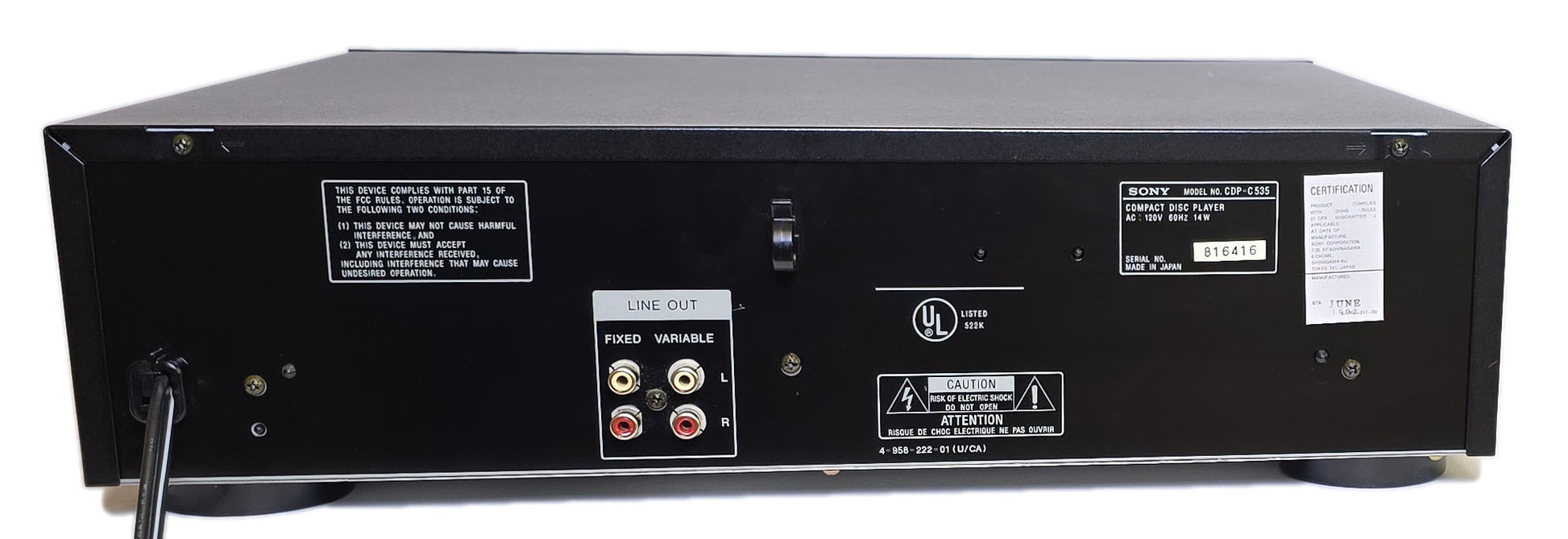 Sony CDP-C535 5-Disc Carousel CD Changer - Rear