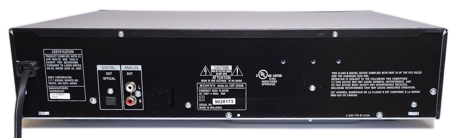 Sony CDP-CE500 5-Disc Carousel CD Changer - Rear