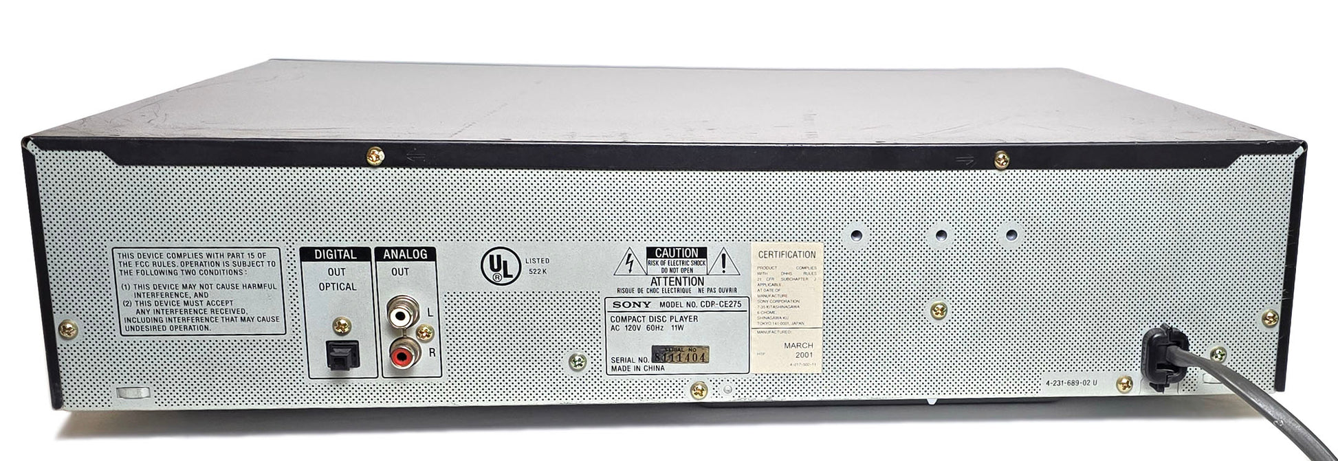 Sony CDP-CE275 5-Disc Carousel CD Changer - Rear
