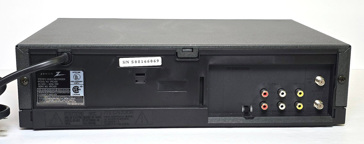 Zenith VRC420 VCR, 4-Head Hi-Fi Stereo - Rear
