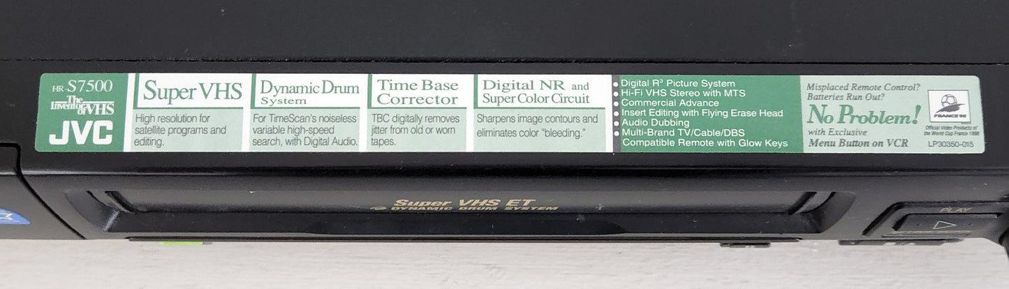 JVC HR-S7500U VCR, 4-Head Hi-Fi Stereo, Super VHS - Feature Label