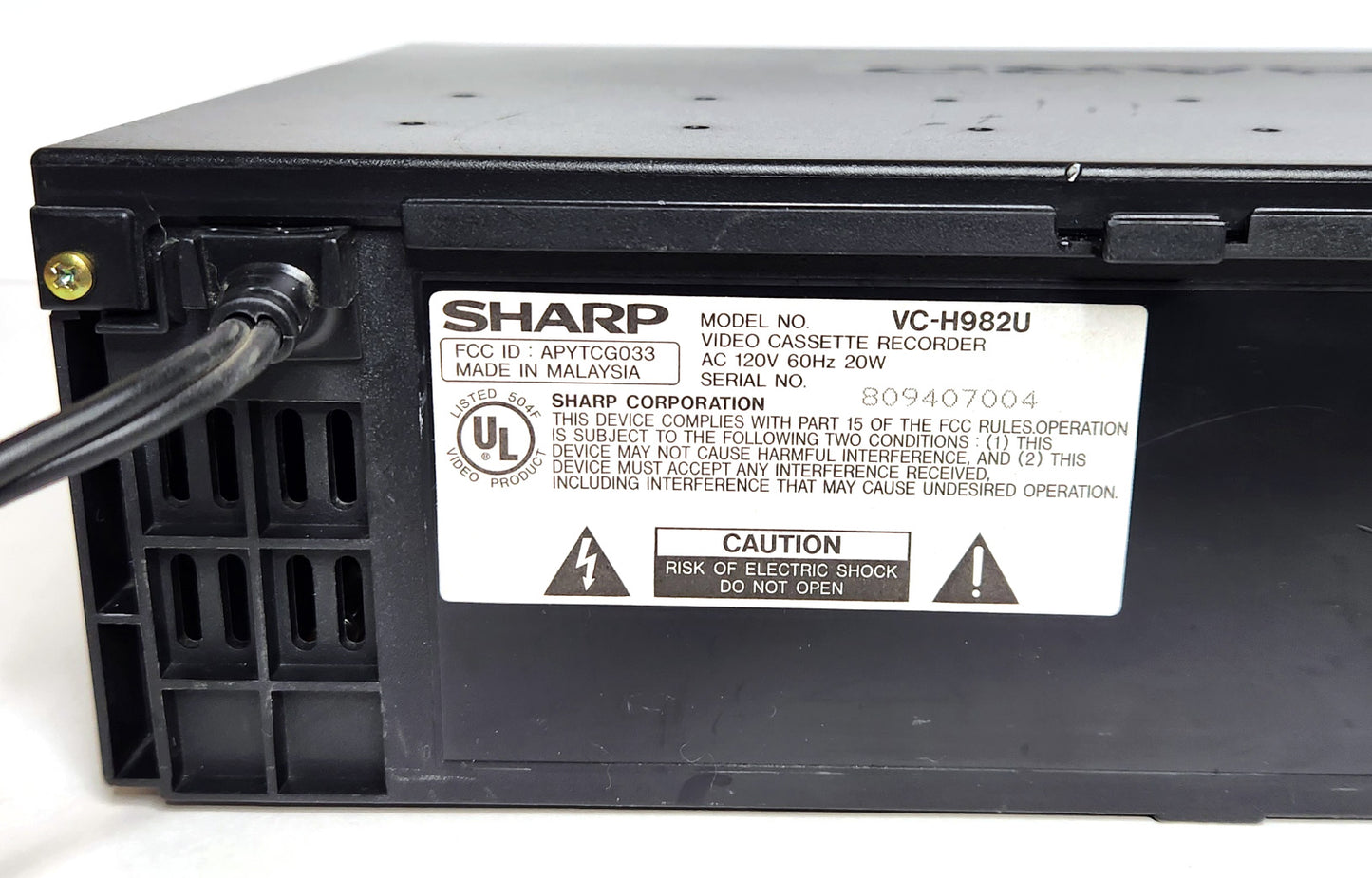 Sharp VC-H982U VCR, 4-Head Hi-Fi Stereo - Label