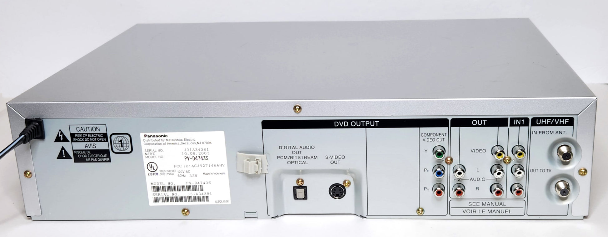 Panasonic PV-D4743S Omnivision VCR/DVD Player Combo - Rear