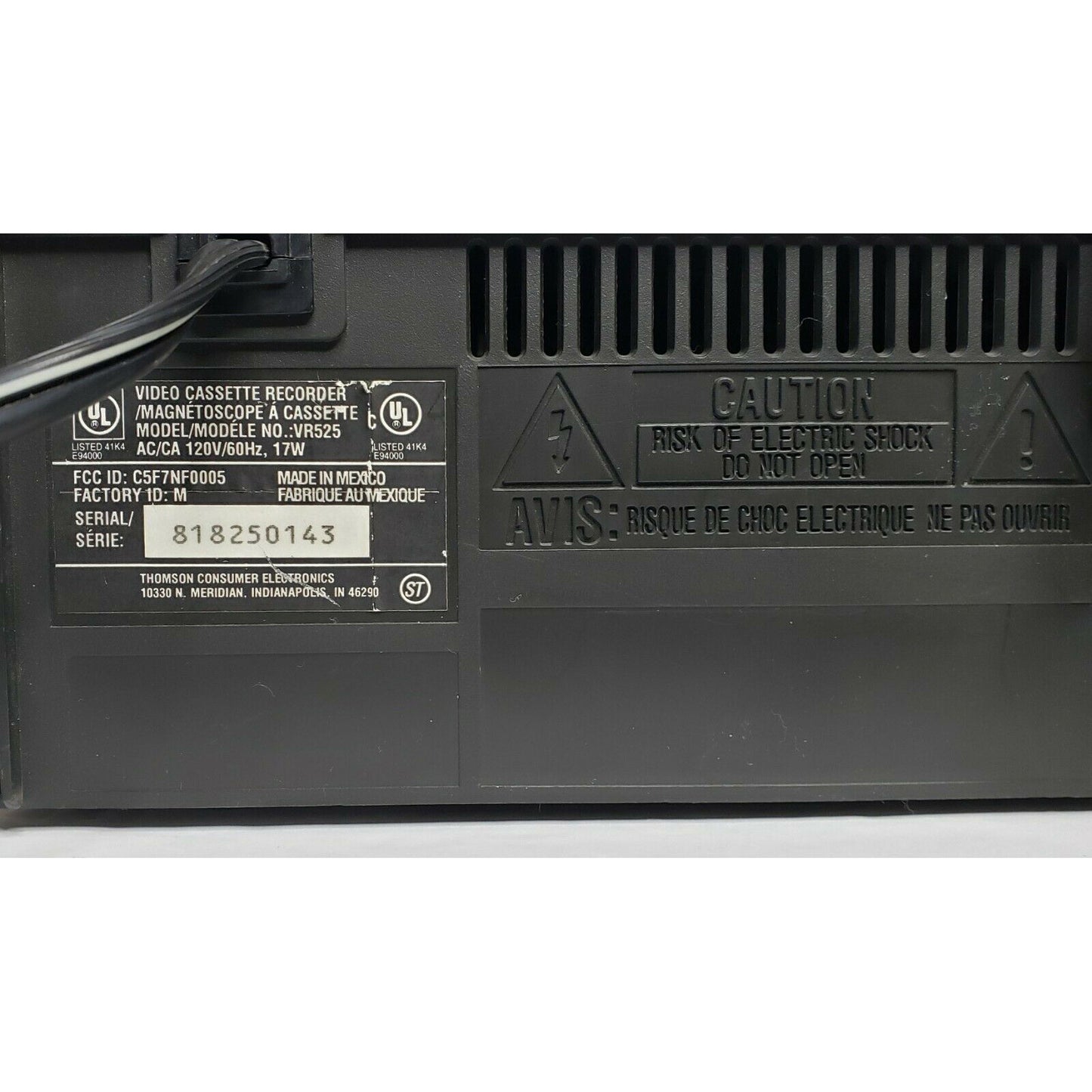 RCA VR525 VCR, 4-Head Mono - Label