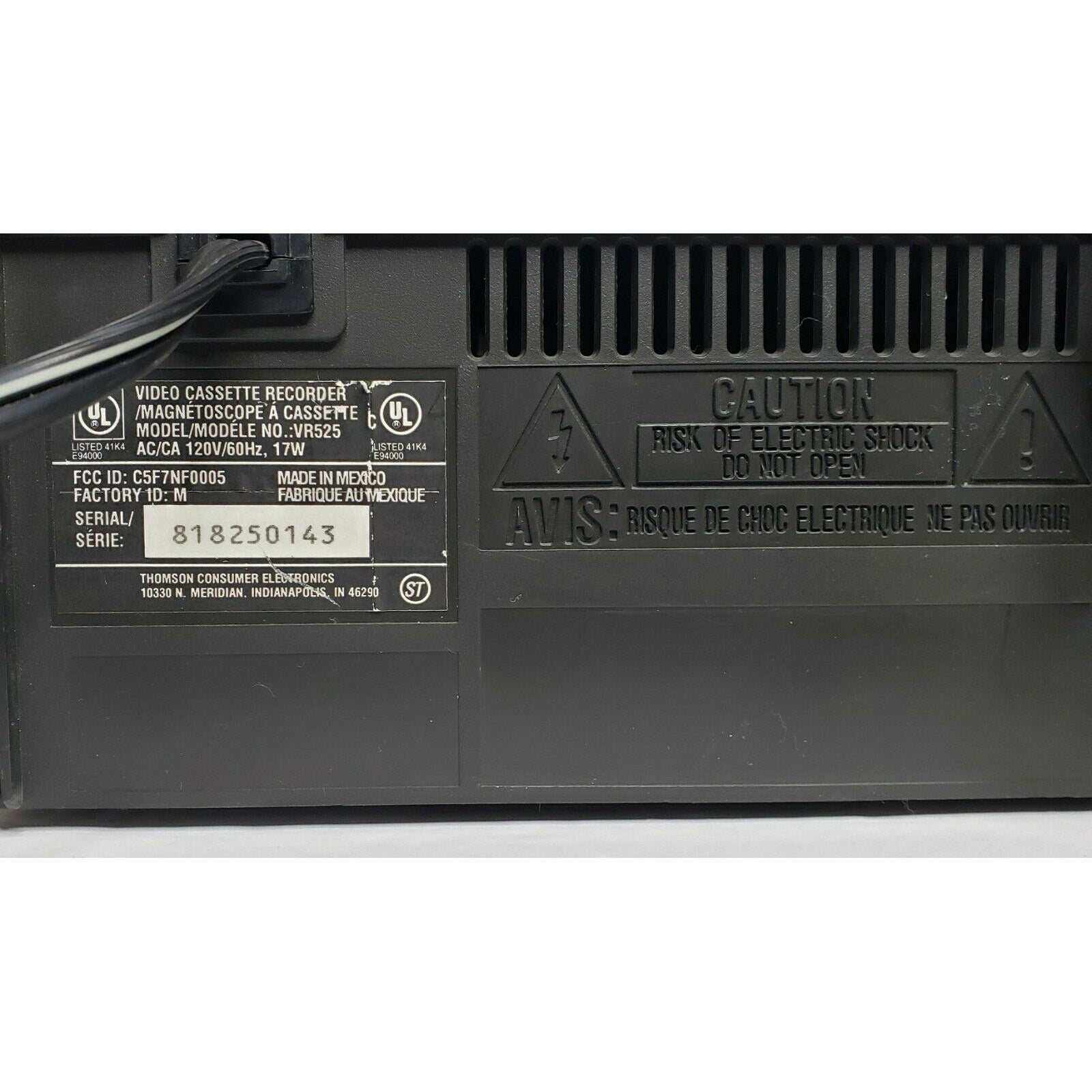 RCA VR525 VCR, 4-Head Mono - Label
