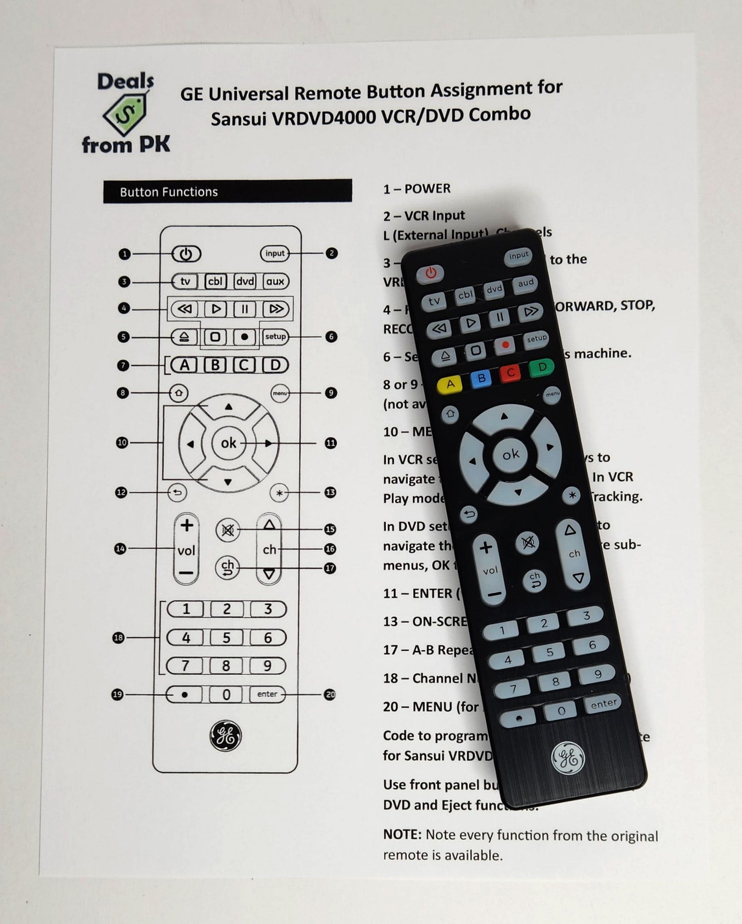Sansui VRDVD4001 VCR/DVD Player Combo - Remote Control