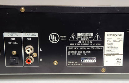 Sony CDP-CE245 5-Disc Carousel CD Changer - Connections and Label