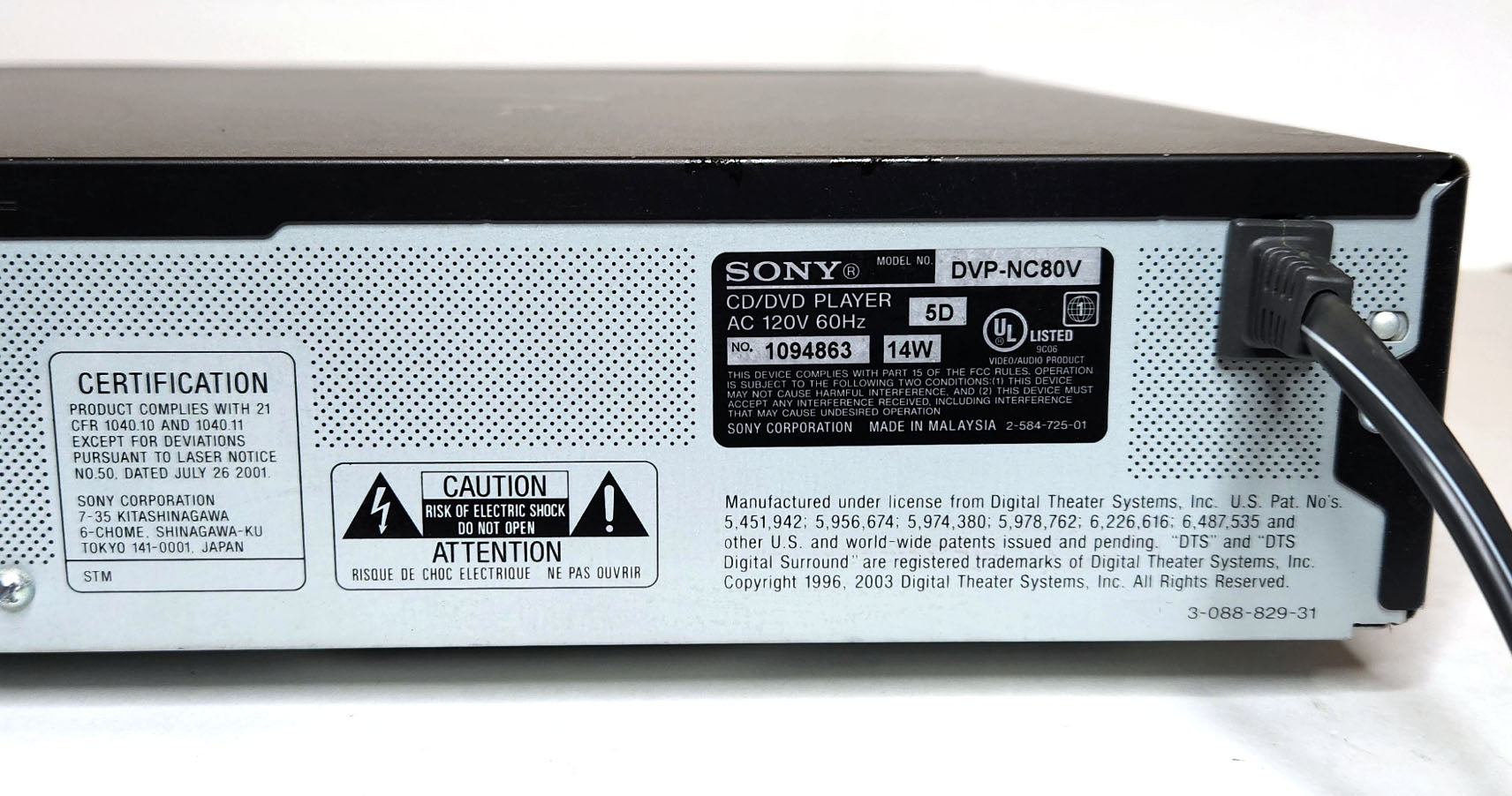 Sony DVP-NC80V DVD/CD Player, 5 Disc Carousel Changer - Label