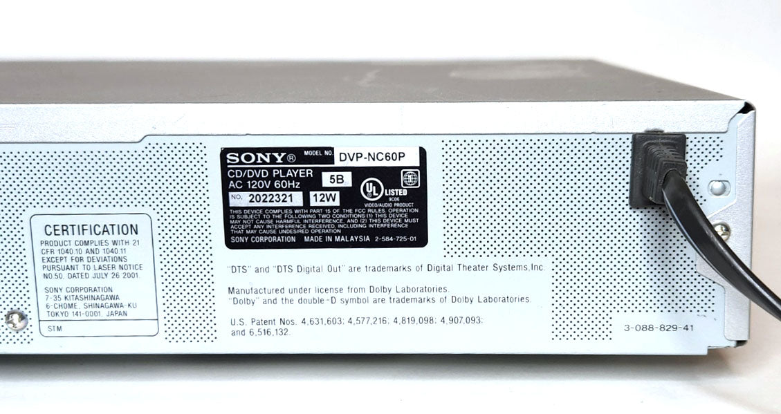 Sony DVP-NC60P DVD/CD Player, 5 Disc Carousel Changer, Silver - Label