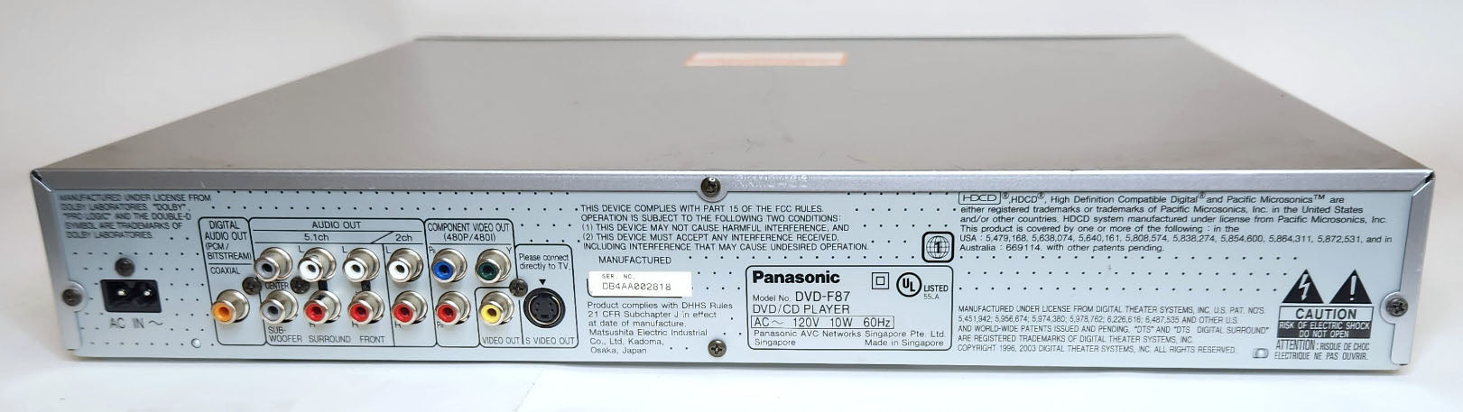 Panasonic DVD-F87 DVD/CD Player, 5 Disc Carousel Changer - Rear