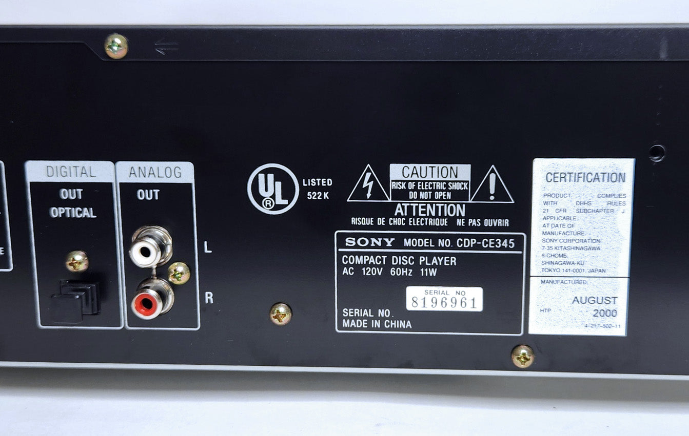 Sony CDP-CE345 5-Disc Carousel CD Changer - Connections and Labels