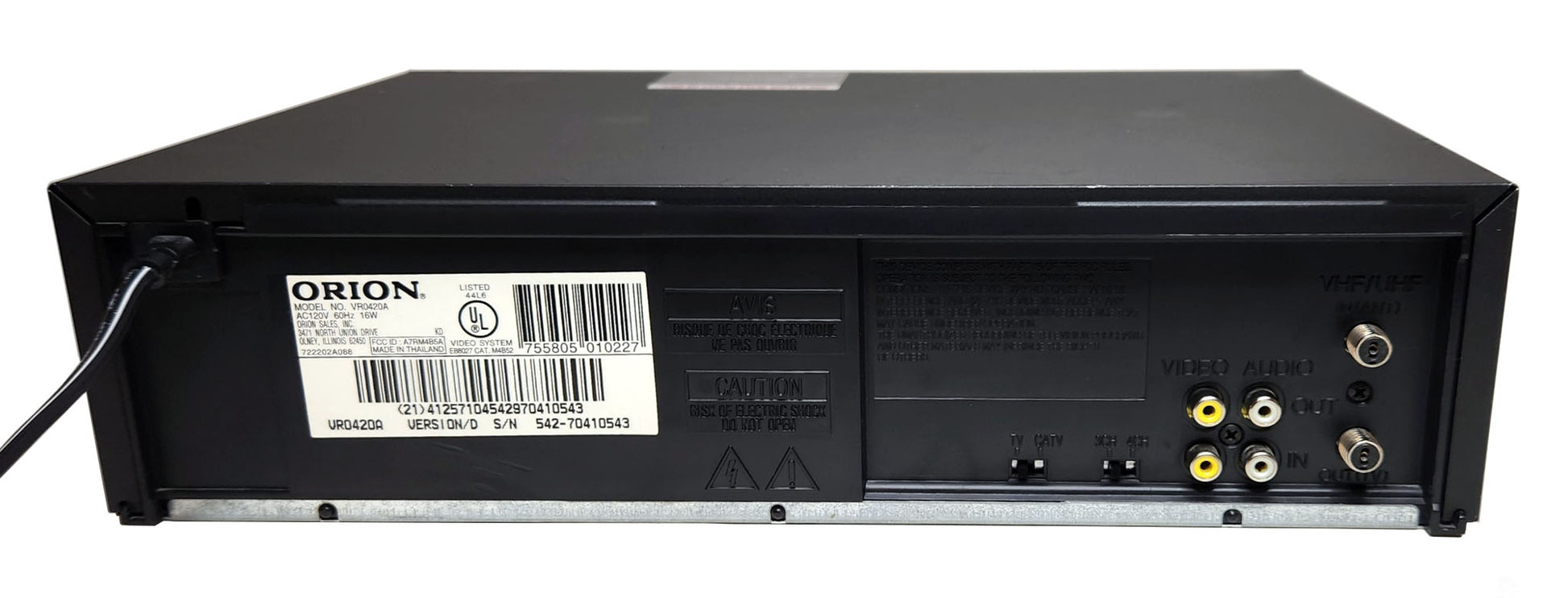 Orion VR0420A VCR, 4-Head Mono - Rear