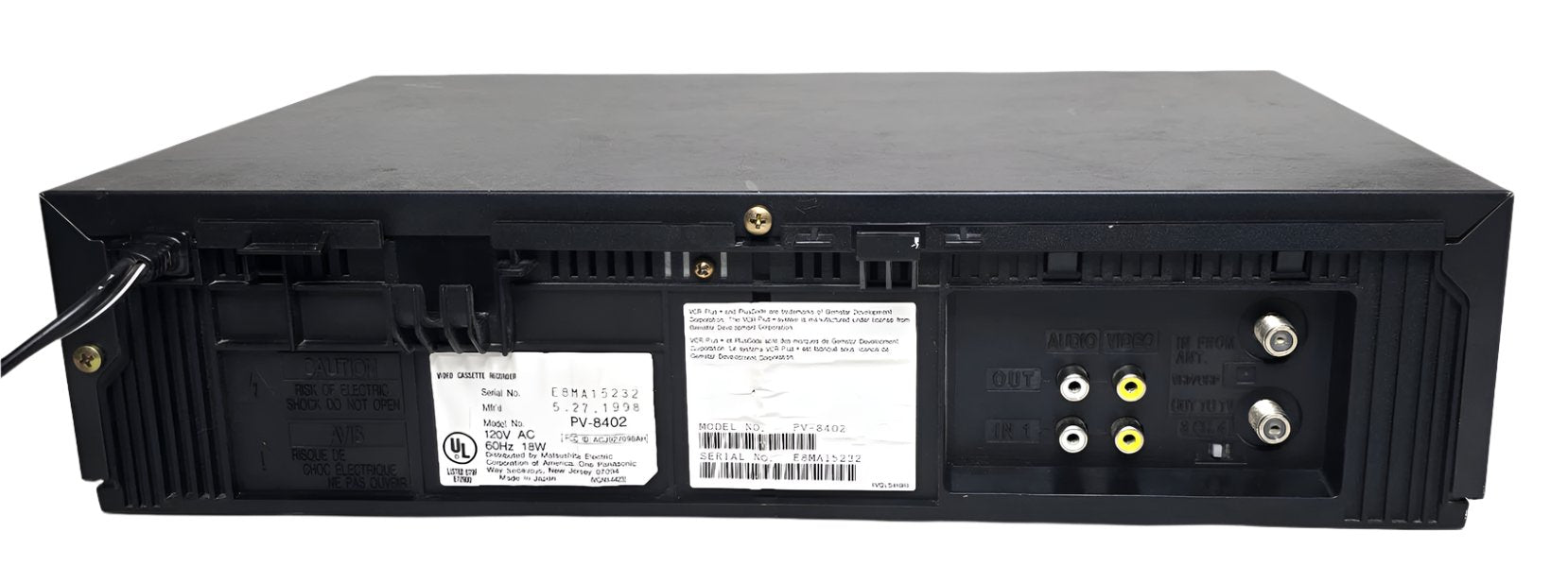 Panasonic PV-8402 Omnivision VCR, 4-Head Mono - Rear