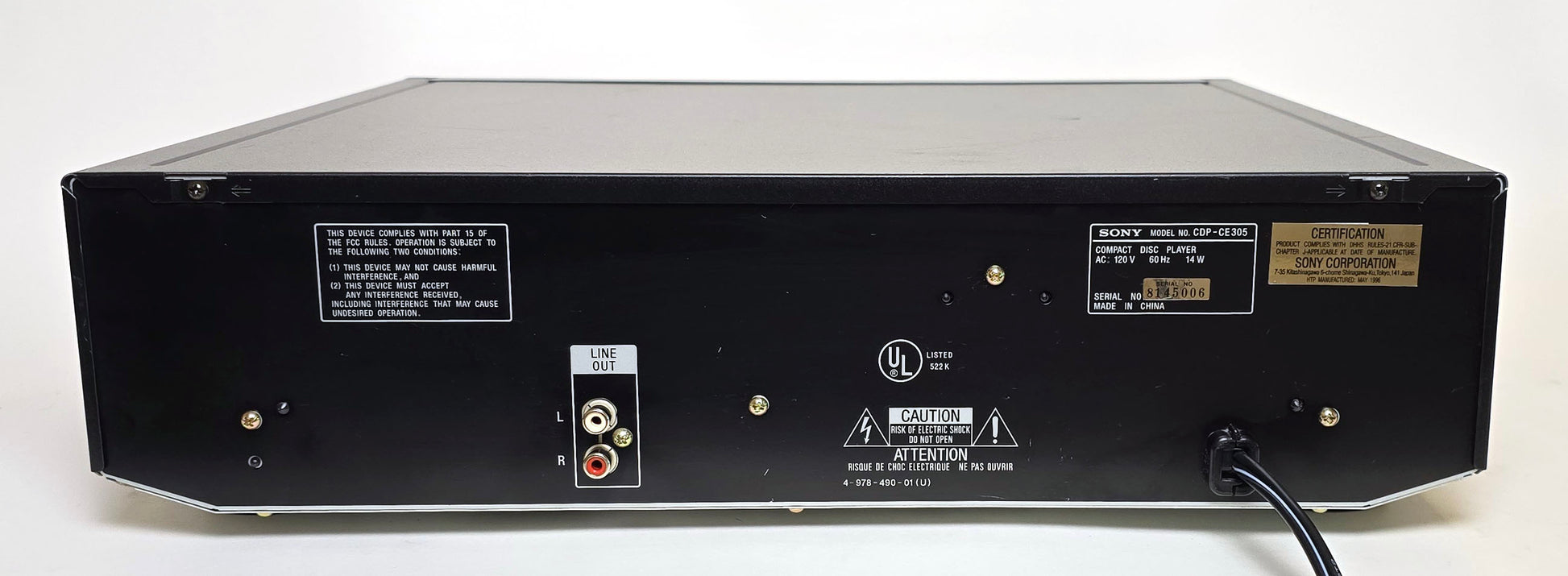 Sony CDP-CE305 5-Disc Carousel CD Changer - Rear