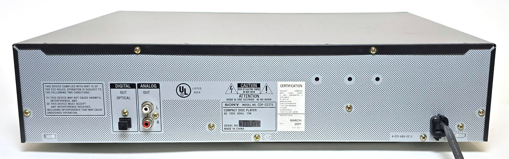 Sony CDP-CE275 5-Disc Carousel CD Changer - Rear