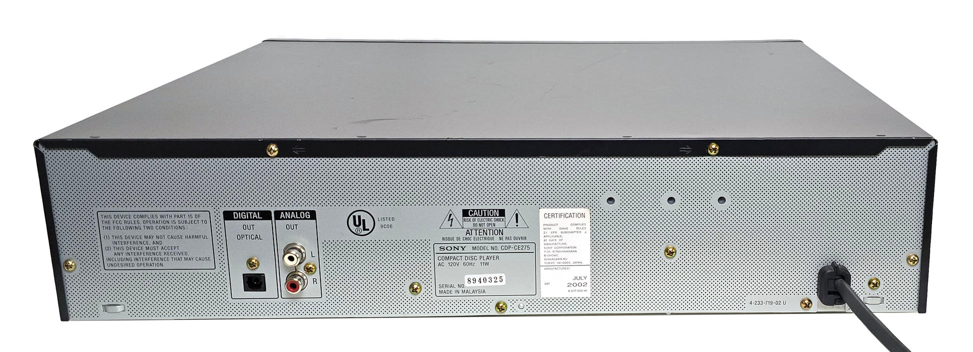 Sony CDP-CE275 5-Disc Carousel CD Changer Player - Rear