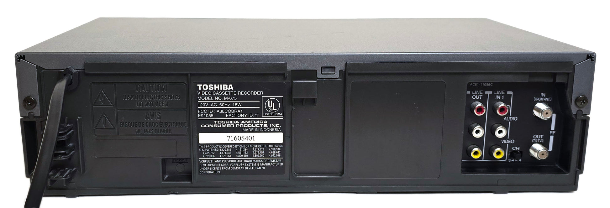 Toshiba M-675 VCR, 4-Head Hi-Fi Stereo - Rear