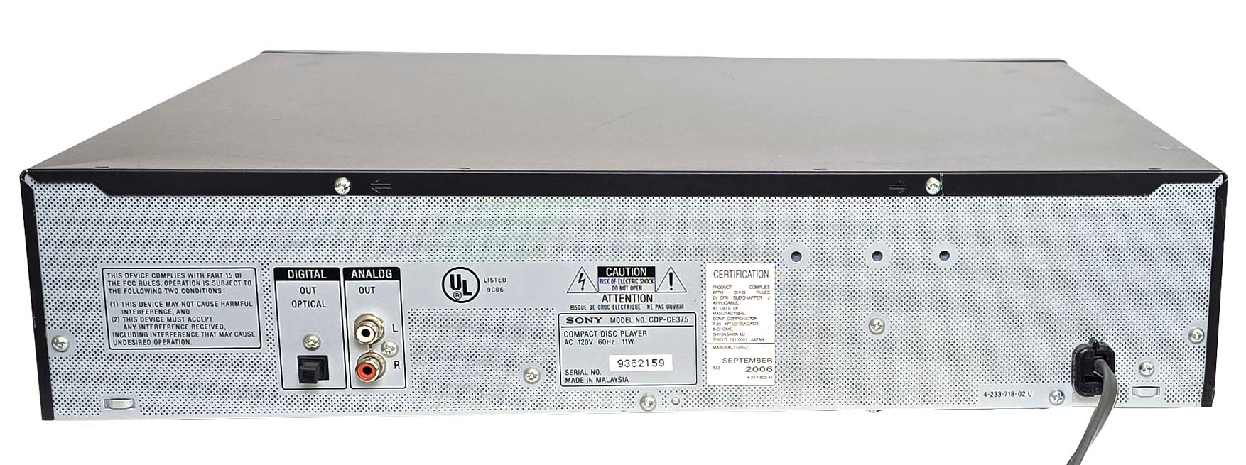 Sony CDP-CE375 5-Disc Carousel CD Changer - Rear