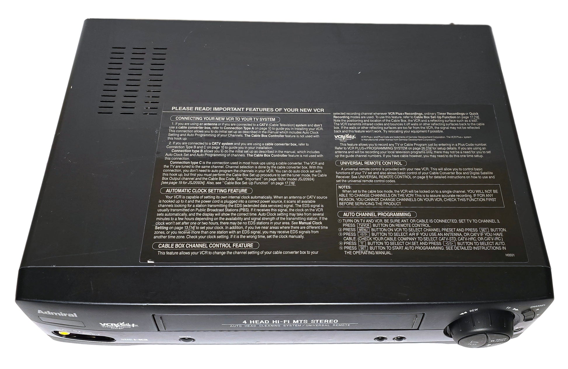 Admiral JSJ20934 VCR, 4-Head Hi-Fi Stereo - Top