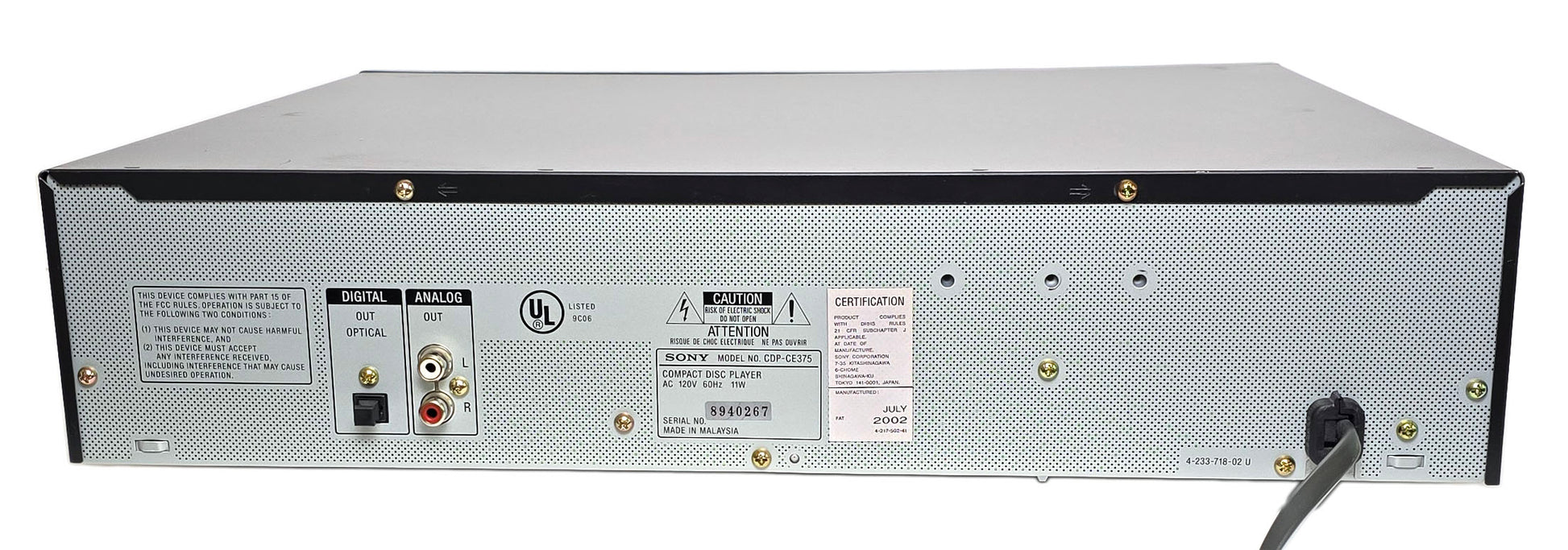 Sony CDP-CE375 5-Disc Carousel CD Changer - Rear