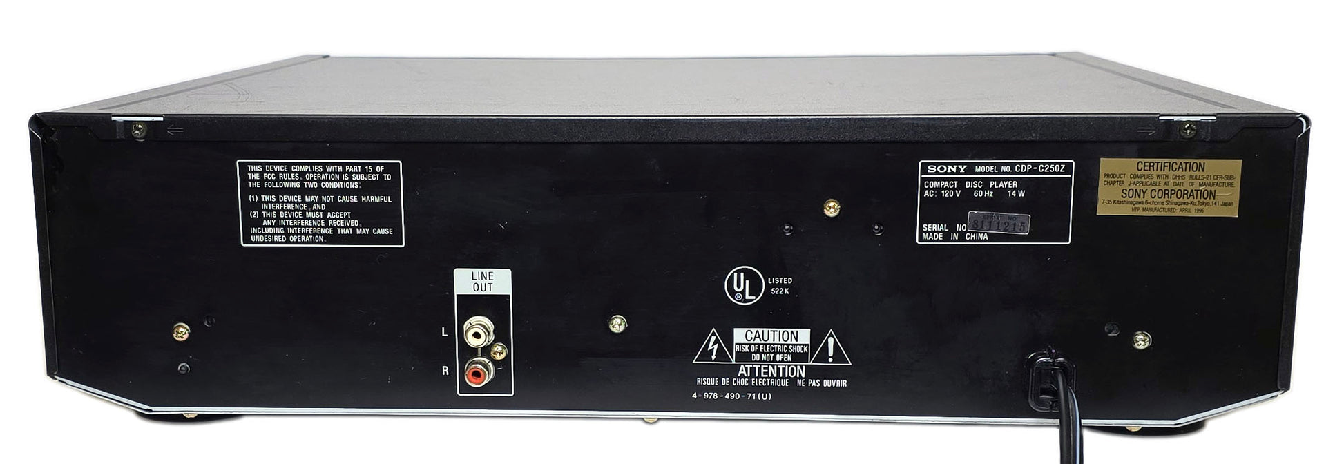 Sony CDP-C250Z 5-Disc Carousel CD Changer - Rear