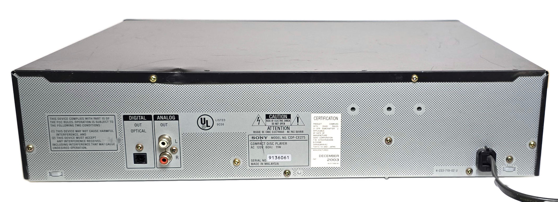 Sony CDP-CE275 5-Disc Carousel CD Changer - Rear