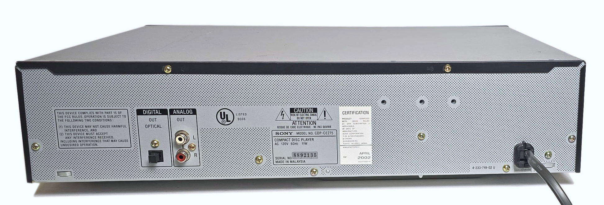 Sony CDP-CE275 5-Disc Carousel CD Changer - Rear