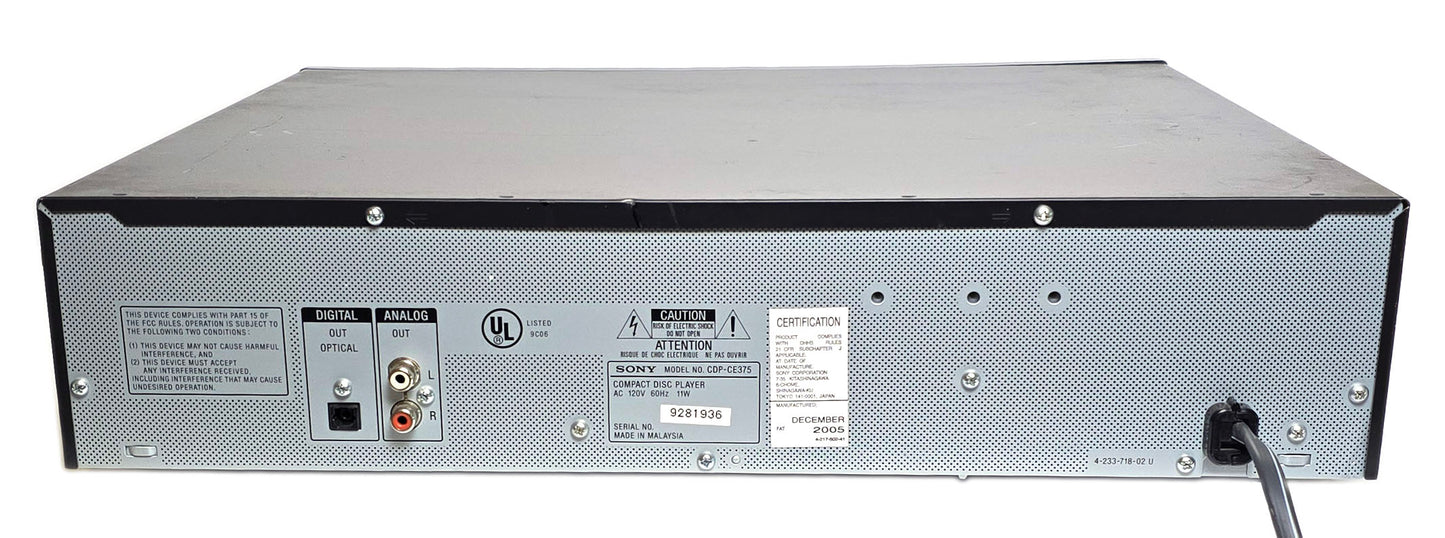 Sony CDP-CE375 5-Disc Carousel CD Changer - Rear