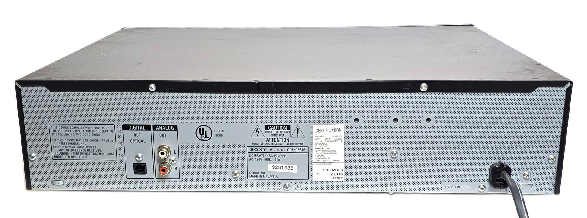 Sony CDP-CE375 5-Disc Carousel CD Changer - Rear