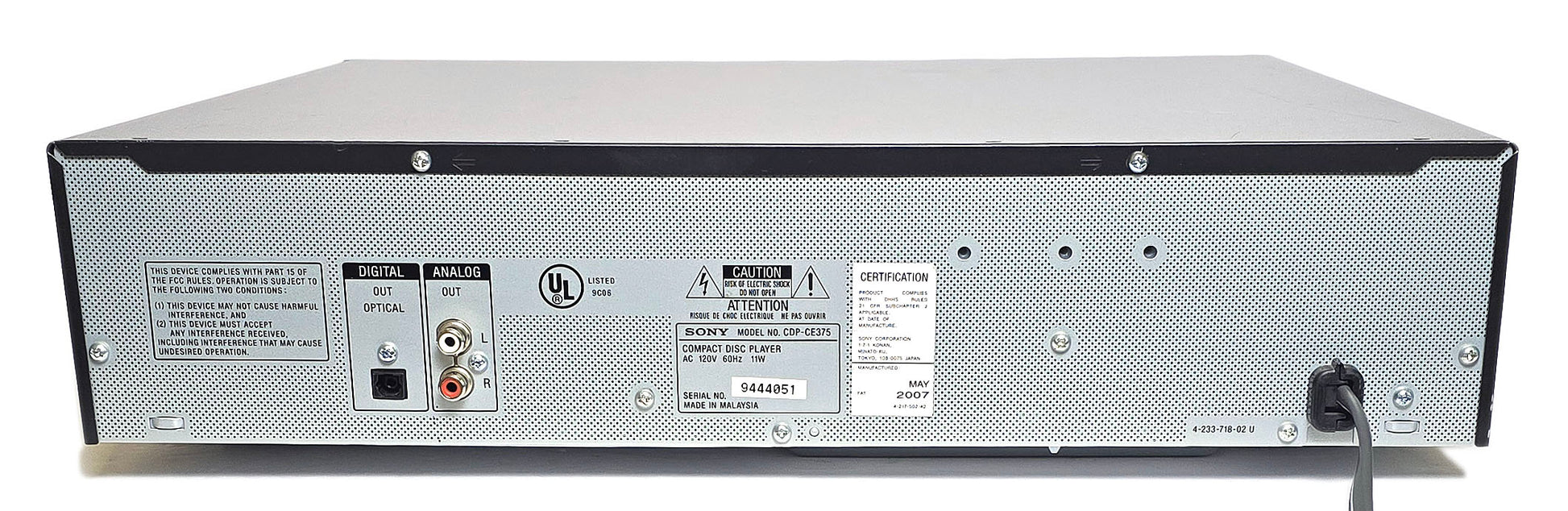 Sony CDP-CE375 5-Disc Carousel CD Changer - Rear