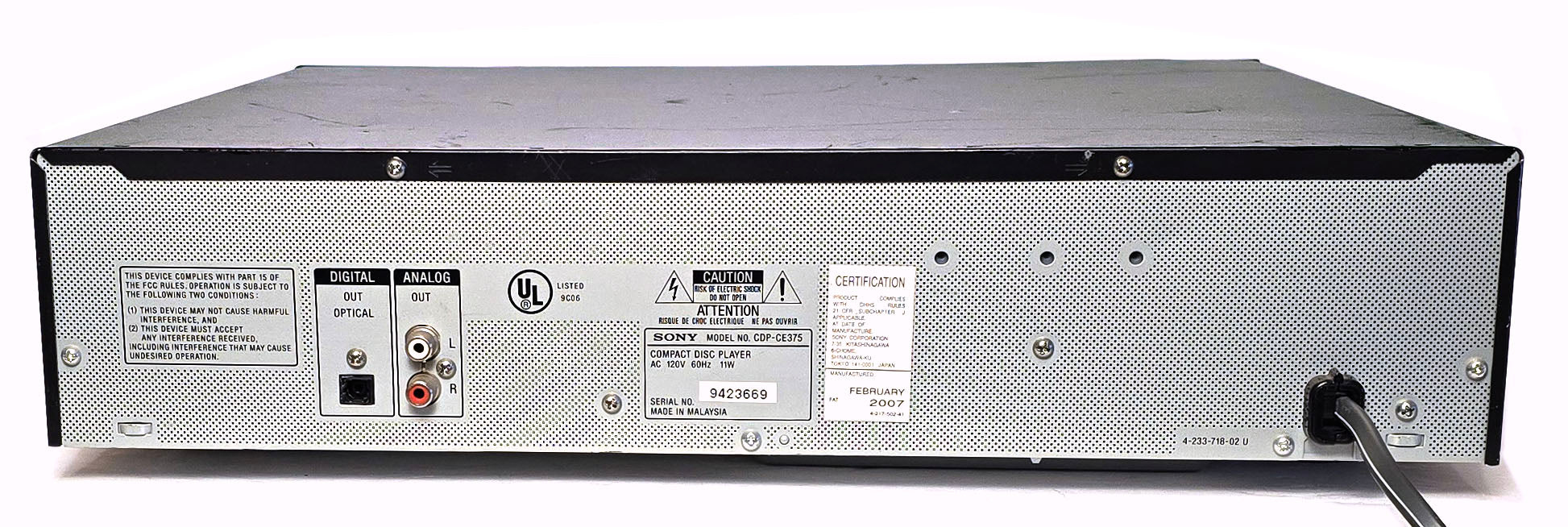 Sony CDP-CE375 5-Disc Carousel CD Changer - Rear