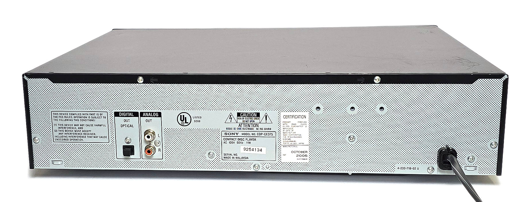 Sony CDP-CE375 5-Disc Carousel CD Changer - Rear