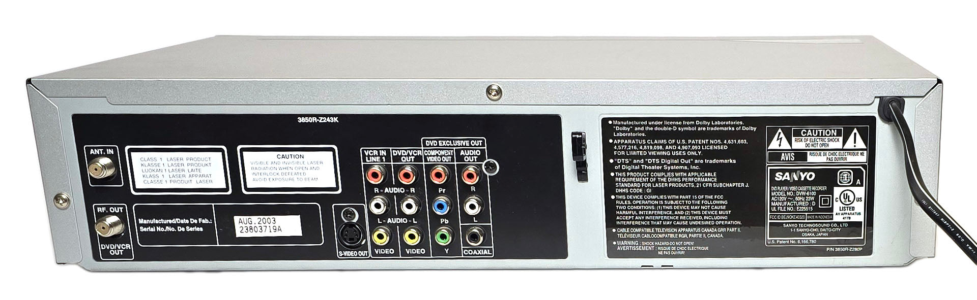 Sanyo DVW-6100 VCR/DVD Player Combo - Rear