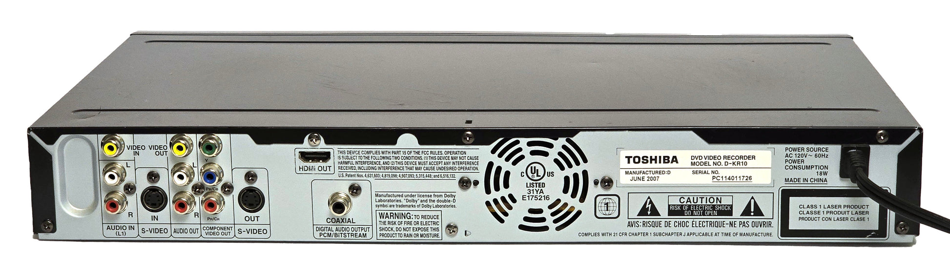 Toshiba D-KR10 DVD Recorder with HDMI - Rear