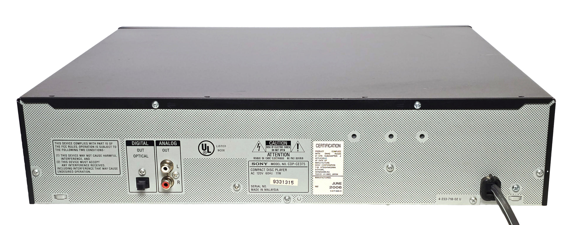 Sony CDP-CE375 5-Disc Carousel CD Changer - Rear