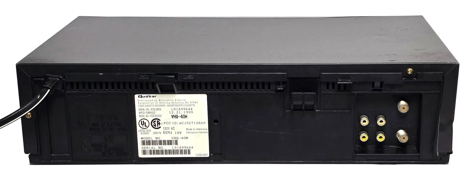 Quasar (Panasonic) VHQ-40M Omnivision VCR, 4-Head Mono - Rear