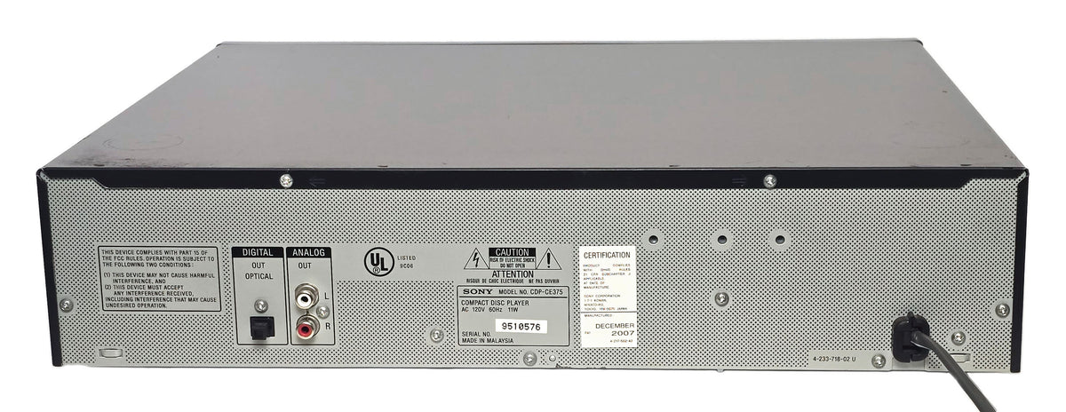 Sony CDP-CE375 5-Disc Carousel CD Changer - Rear