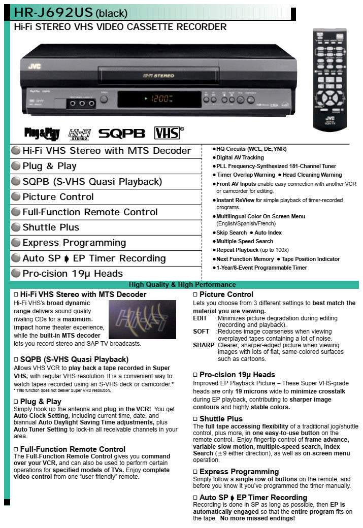 JVC HR-J692U VCR, 4-Head Hi-Fi Stereo - Catalog