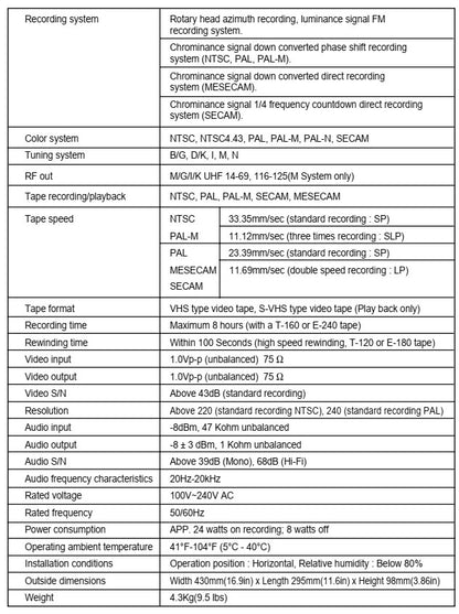 Samsung SV-5000W Worldwide VCR, NTSC, PAL, SECAM - Specifications